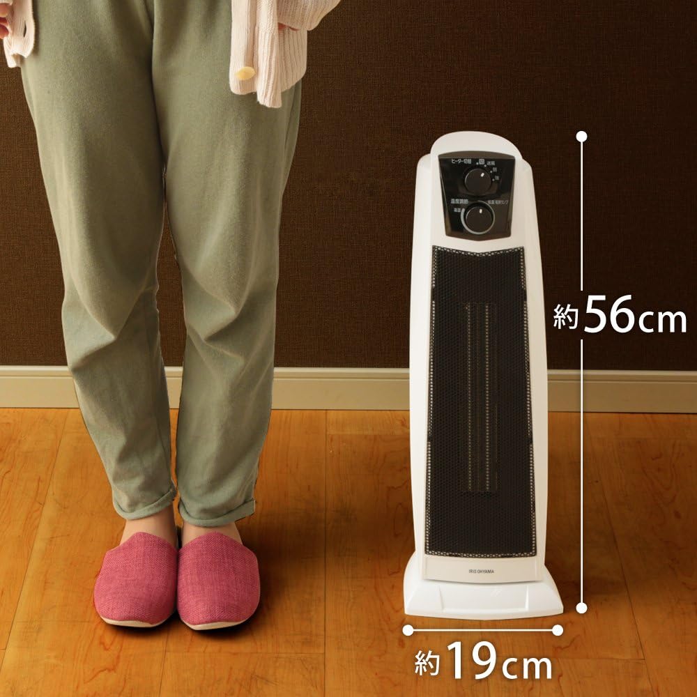 Iris Ohyama Ceramic Fan Heater Ceramic Heater Tower Type Slim High Type Oscillating Type Air Blower Function No Human Sensor 1200W ~8 Tatami Width 19 x Height 56 x Depth 19cm PCH-1260K-W White