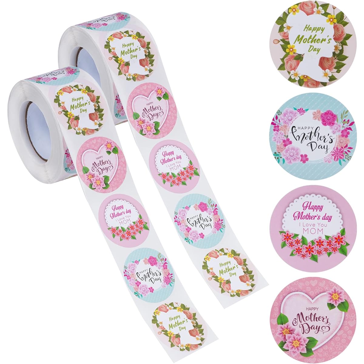 Sucrain 1000 Sheets Happy Mother's Day Gift Stickers, 2 Rolls Gift Present Card Cookie Cake Flower Decoration Label Sticker 4 Designs (1.5 Inch)
