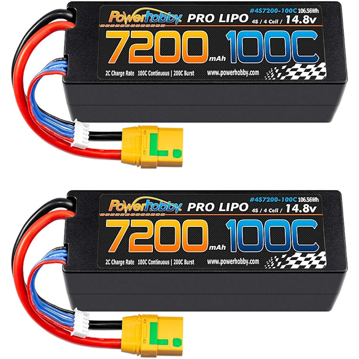 Powerhobby 4s 14.8v 7200mah 100C-200C Lipo Battery with XT90 Hard Case (2 Pack) 4 Cells Fits: Arrma Kraton Tyhpon Senton Tailon Outcast FAZON