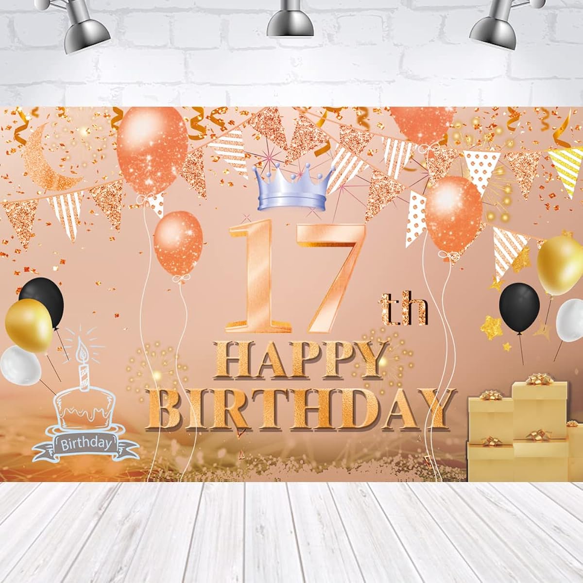Happy 17th Birthday Backdrop Banner, Rose Gold 17 Years Old Sign Poster, 17th Birthday Party Supplies, Anniversary Photo Booth Photography Background, Birthday Party Decorations, 72.8 x 43.3 Inch