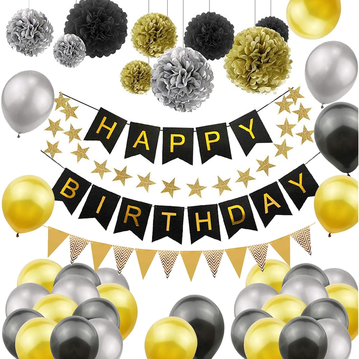 Birthday Decorations for Kids Boys Men Happy Birthday Banner with Paper Fan Gold Honeycomb Ball Triangle Pennant 5 Star Paper Garland Latex Balloon Birthday Party Supplies Decorations