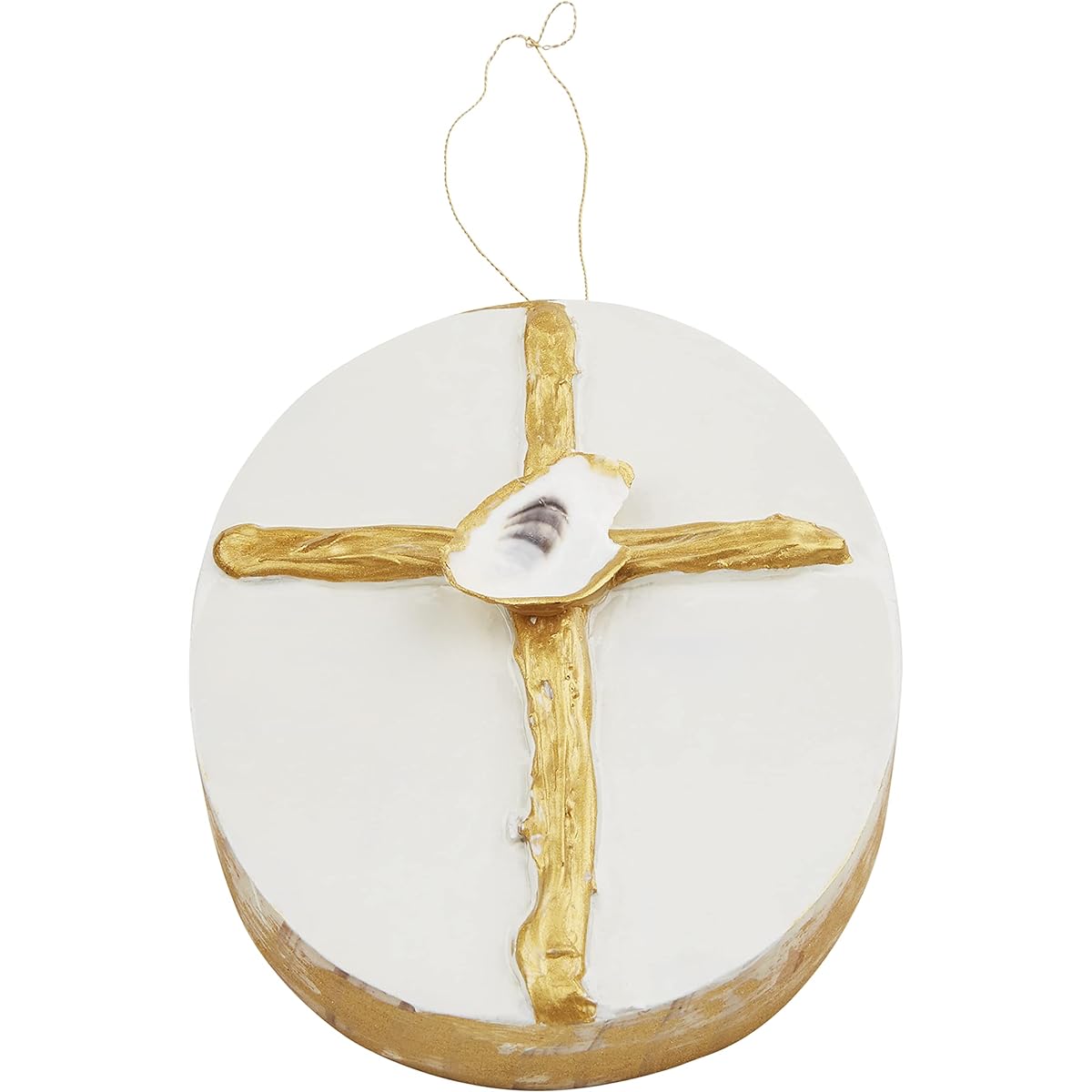 Mud Pie Coastal Oyster Shell Block Ornament, Gold Cross, 4" x 3.25
