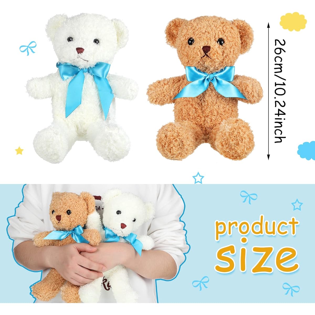 12 Pieces Small Stuffed Animals Teddy Bears with Ribbon Bows 10 Inch Bear Toys for Birthday Wedding Party Christmas Valentine's Day Brown White
