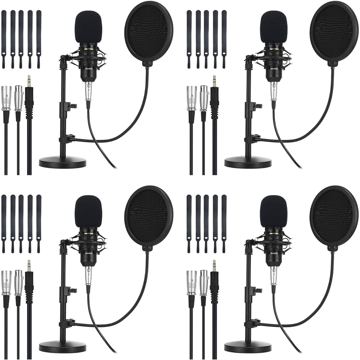 4 Pack XLR Condenser Microphone Professional Studio Cardioid Microphone Kit with Cardioid Mic Shock Stand Windproof Cotton Blowout Net Metal Stand Male to Female Cable for Podcasting Recording
