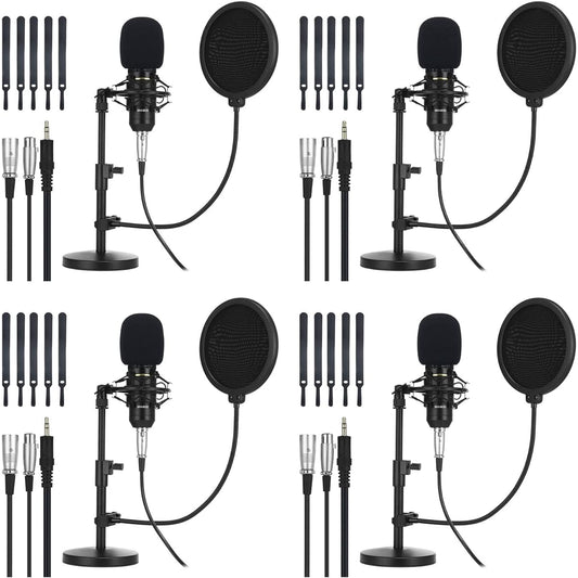 4 Pack XLR Condenser Microphone Professional Studio Cardioid Microphone Kit with Cardioid Mic Shock Stand Windproof Cotton Blowout Net Metal Stand Male to Female Cable for Podcasting Recording