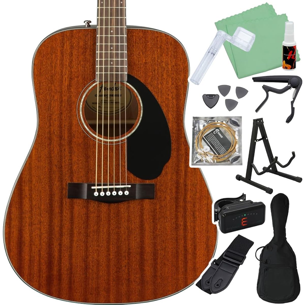 Fender CD-60S Dreadnought Walnut Fingerboard All-Mahogany MAH Acoustic Guitar Beginner 12-piece Set Fender