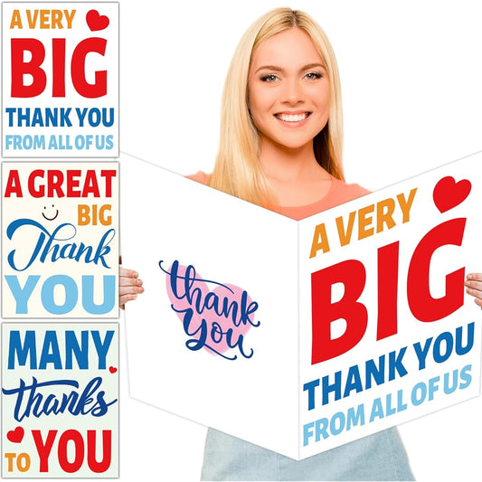 3 Giant Thank You Greeting Cards Large 14 x 22 Inch Size Big Thank You Big Cards with Envelopes for Birthday Party Baby Shower Wedding Jumbo Gifts for Boys/Girls