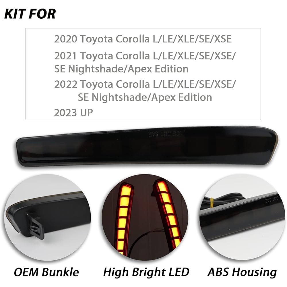 BINQIGOO Full LED Rear Reflector Fog DRL Kit for Toyota Corolla 2021-2023 L LE XLE Functions as Dynamic Sequential Turn Signal Light Daytime Running Light Kit (Rear Reflector Smoke)