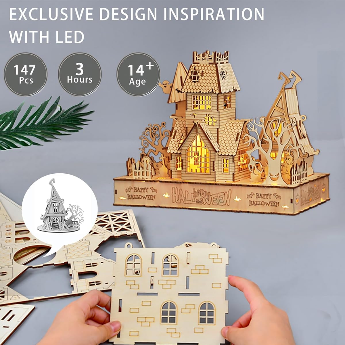 3D Wooden Halloween Haunted House Puzzle, Wooden Creative Glow in the Dark Haunted House Puzzle Building Model Construction Kit for Adults & Kids Halloween Decoration Model Kit