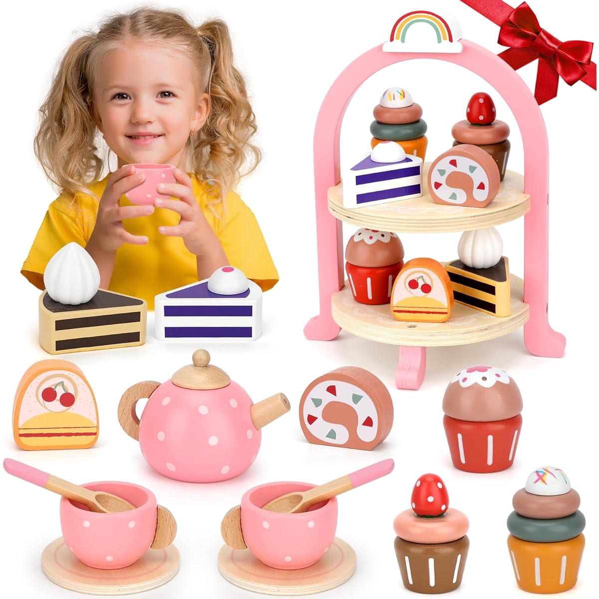 Heaning Tea Party Set Girls Toys - Wooden Tea Set for Little Girls Kids Toddlers Pretend Play Kitchen Toy Set Christmas Birthday Gifts Toys for Girls Age 2 3 4 Toddlers