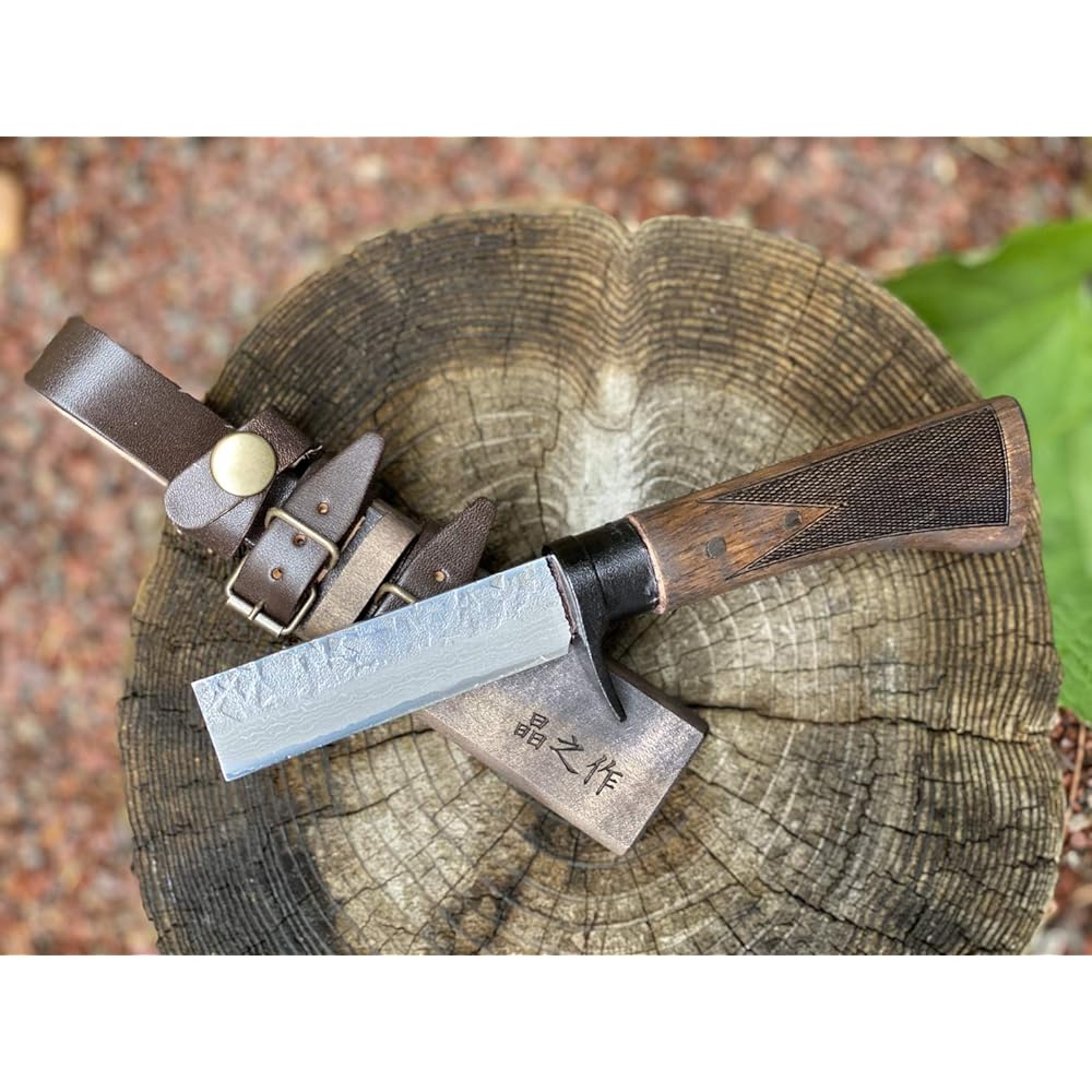 Akinosaku Tosa forged Damascus Mameyama play hatchet bip-801 waist hatchet, hammered polish, black brim ring, wooden handle oil stain checker, wood sheath oil stain/leather band button type Toyokuni sheath knife forged outdoor camping Tosa cutlery