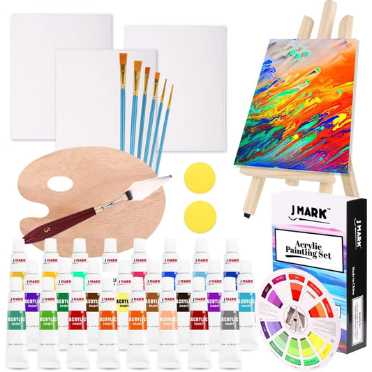 J MARK Canvas & Paint Set - 39 Canvas Paint Set with 24 Acrylic Paints, 3 Canvases, Brushes, Wood Palette, Table Easel, Color Wheel, Spatula - Art Supplies for Beginners - Great Gift or Date Night Activity