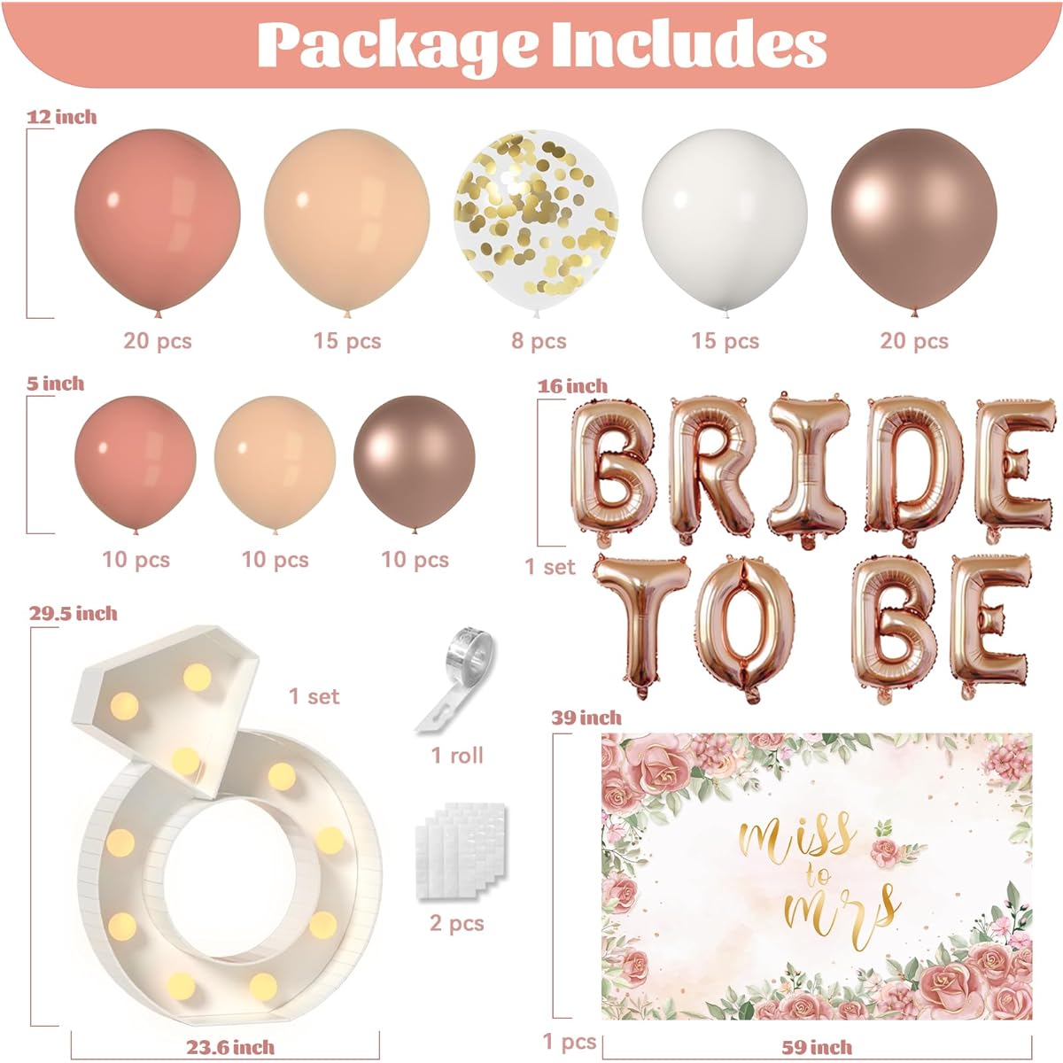 LYVEEF Bachelorette Party Decorations Rose Gold Bridal Shower Decorations 111pcs Blush Pink Balloons Garland Arch Kit Bride To Be Balloons Confetti Balloons with DIY Marquee Light Up Rings and Backdrop