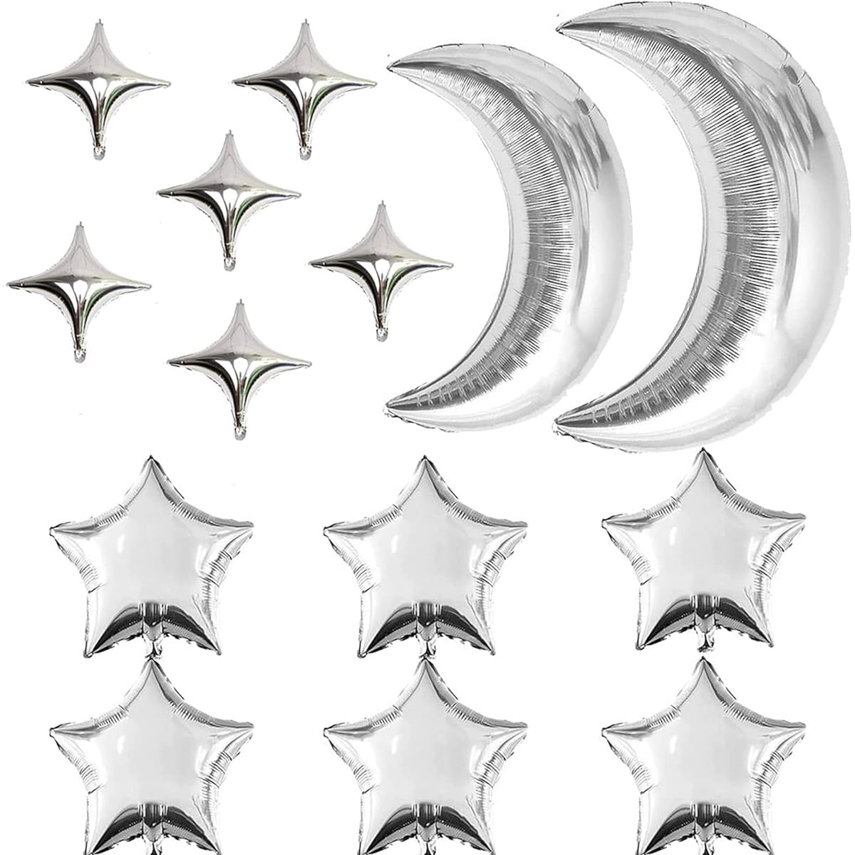14pcs Star Foil Balloons, Moon Balloons, 12pcs Silver Star Balloons, 2pcs Large Silver Moon Balloons for Baby Shower, Christmas, Anniversary, Wedding, Birthday Party Decorations