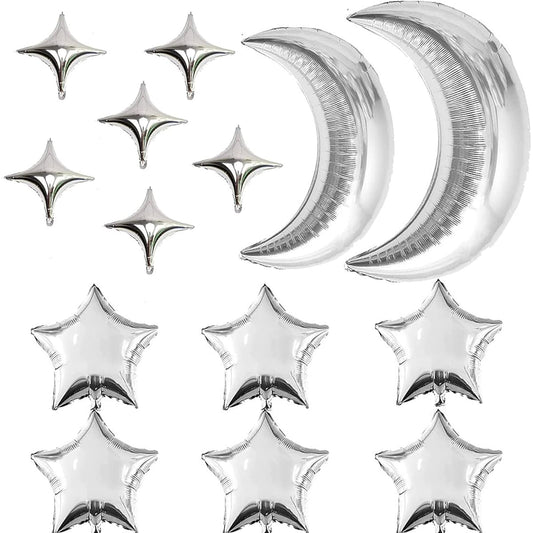 14pcs Star Foil Balloons, Moon Balloons, 12pcs Silver Star Balloons, 2pcs Large Silver Moon Balloons for Baby Shower, Christmas, Anniversary, Wedding, Birthday Party Decorations
