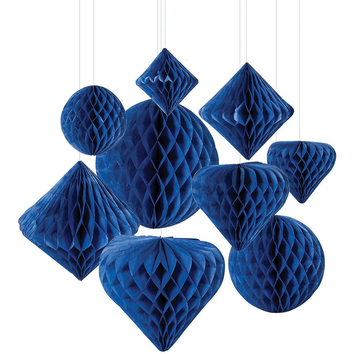 Cobalt Blue Hanging Paper Honeycomb Decorations Assortment - Party Decor - 12 pcs
