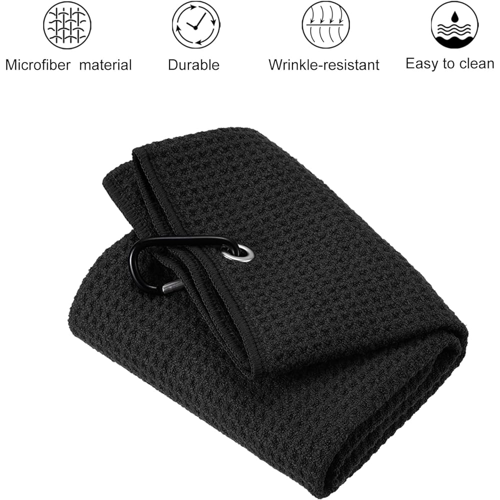 PATIKIL 60 x 40 cm Tri-Fold Golf Towel 3 Pieces Waffle Pattern Towel Soft Fiber Strong Water Absorption with D Clip for Golf Enthusiasts Black