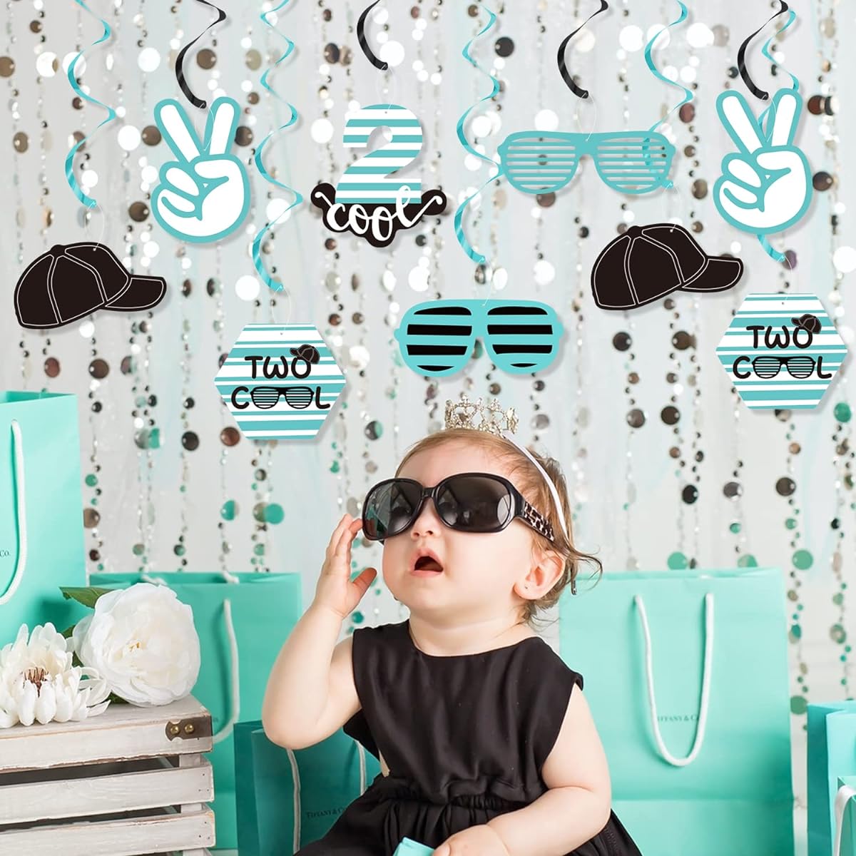 Cool Birthday Party Decorations 20pcs 2nd Birthday Party Sunglasses Hanging Swirl Decorations Streamers Retro Hip Hop Ceiling Foil Swirl Photo Props Backdrop for Boys Girls 2nd Birthday Party Supplies
