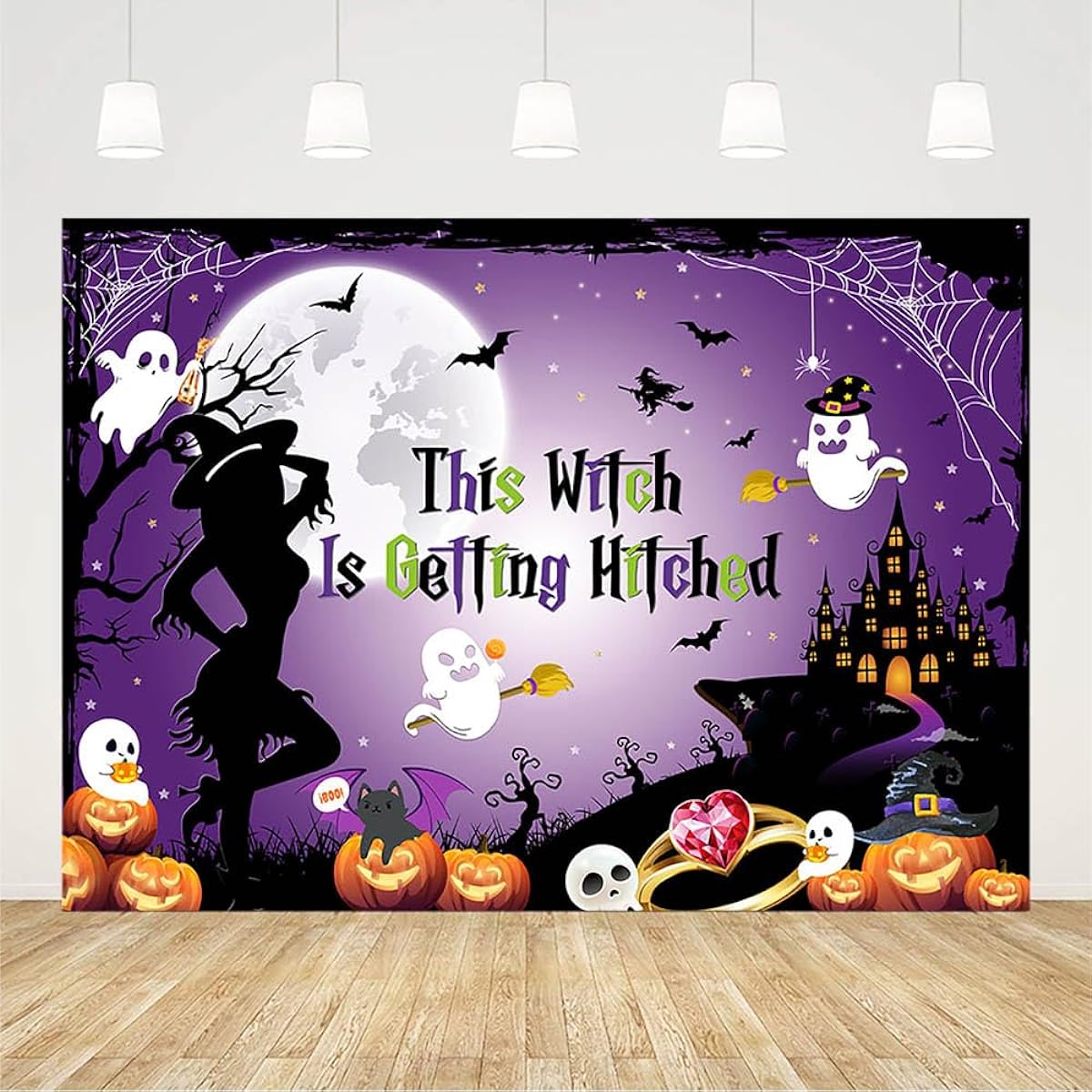 AIBIIN 7x5ft Halloween Bachelorette Party Backdrop This Witch Is Hitched Up Wedding Bridal Shower Party Decorations Boo Bats Ghosts Spooky Let's Go Ghouls Photography Background Banner Photo Props