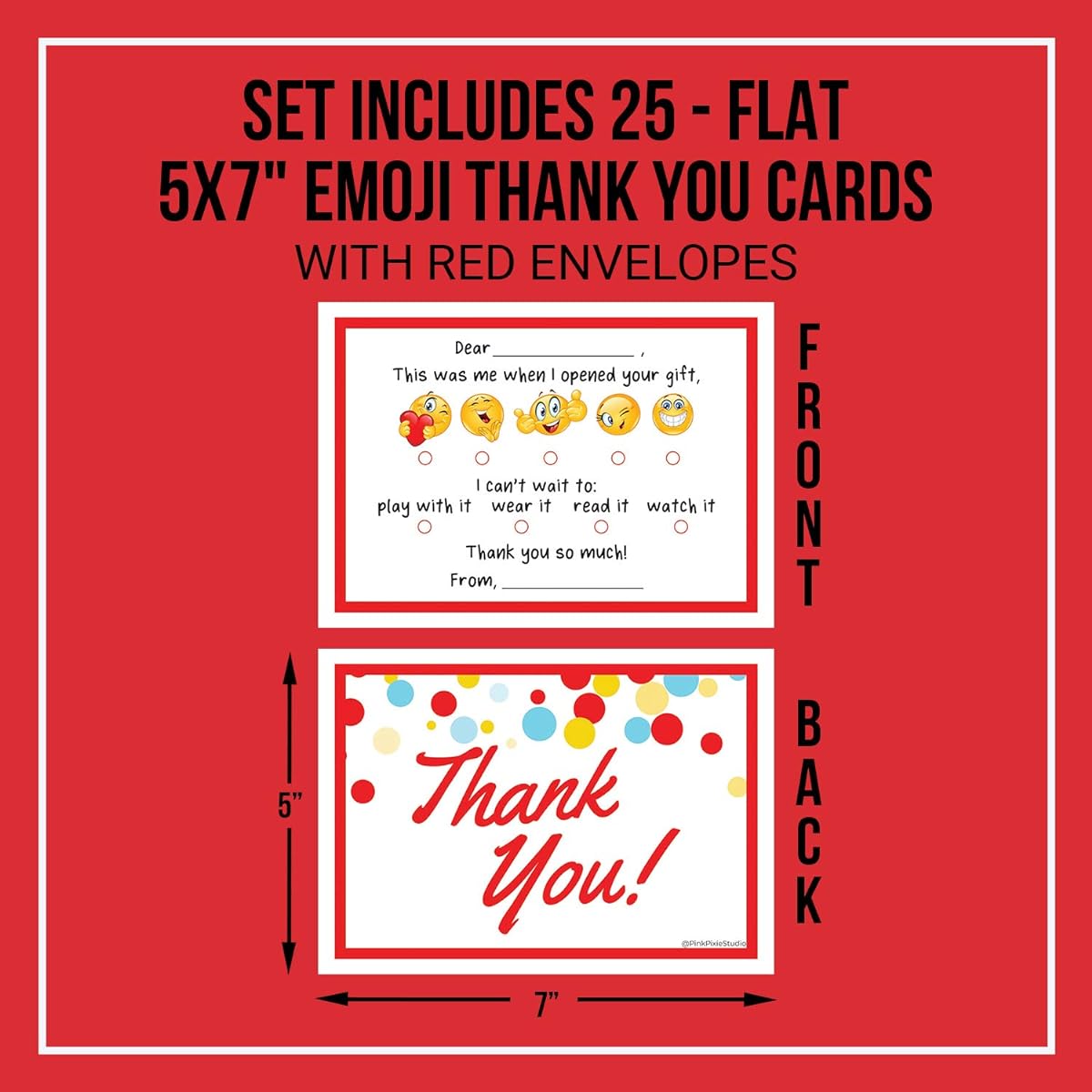 Kids Blank Emoji Thank You Notes 5 x 7 inches - 25 Cards with Red Envelopes Fun Easy Gender Neutral Gratitude Boys Girls