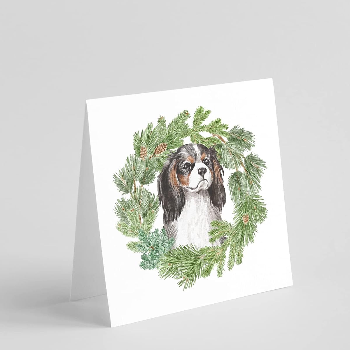 Caroline's Treasures CK8836GC55 Cavalier King Charles Spaniel Tricolor Christmas Wreaths Square with Greeting Cards and Envelopes, Pack of 8, Multicolor