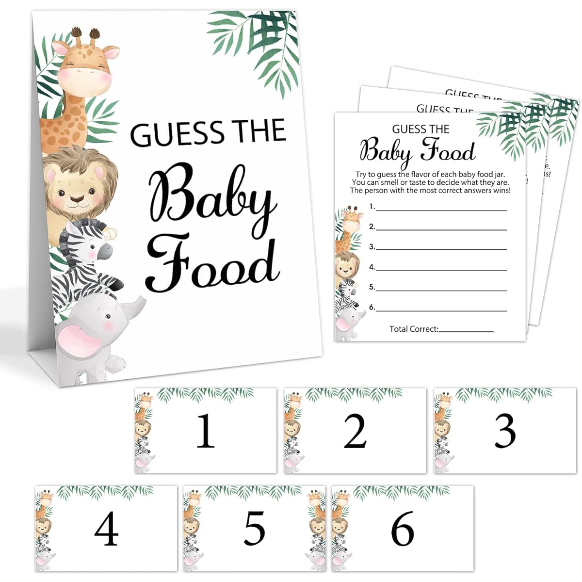Baby Shower Game Set "Guess the Baby Food" Party Game - 1 Standing Sign & 25 Answer Cards & 6 Number Cards Jungle Animals Baby Shower Party Decorations Supplies Name of Baby Food Game swb015