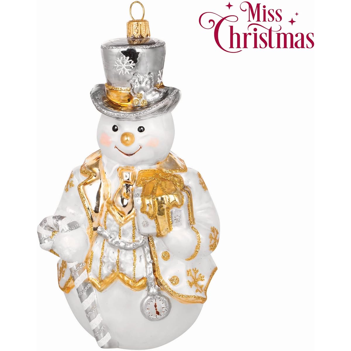 Miss Christmas 2022 Collection Fancy Snowman Blown Glass Christmas Tree Ornament (Elegant White Snowman)