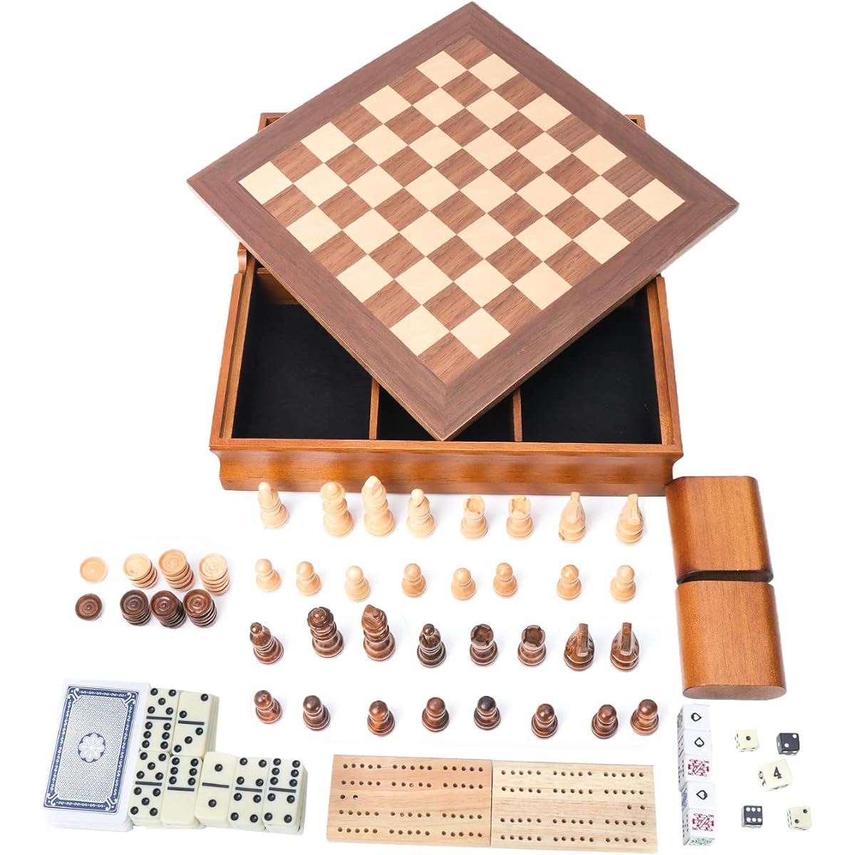 GSE Wooden 7-in-1 Board Game Set Chess Checkers Backgammon Dominoes Cribbage Board Playing Cards Poker Dice Game Combo Set (Old Fashioned)
