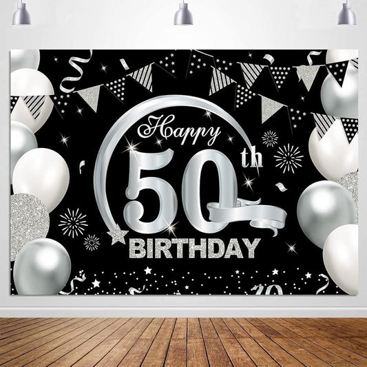 50th Birthday Backdrop Black and Silver Happy Birthday Party Decorations Banner for Women Men Birthday Party Supplies Poster Anniversary Photo Booth Photography Background 7x5ft