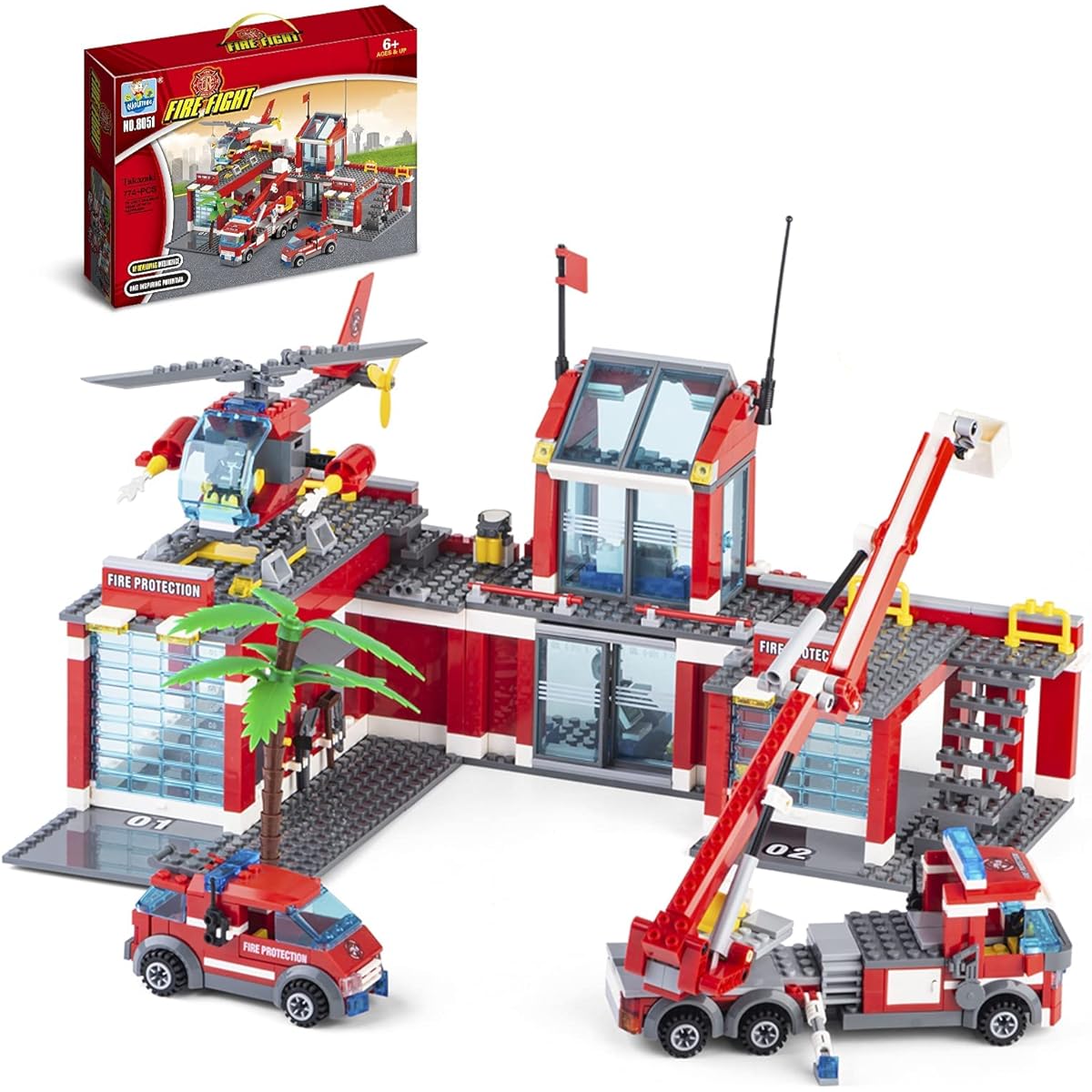 QLT QIAOLETONG STEM City Fire Station Building Blocks Fire Truck Fire Helicopter Firefighter Building Kit for Boys and Girls Ages 6 7 8 9+ Buildable Toys Building Bricks Kits for Kids