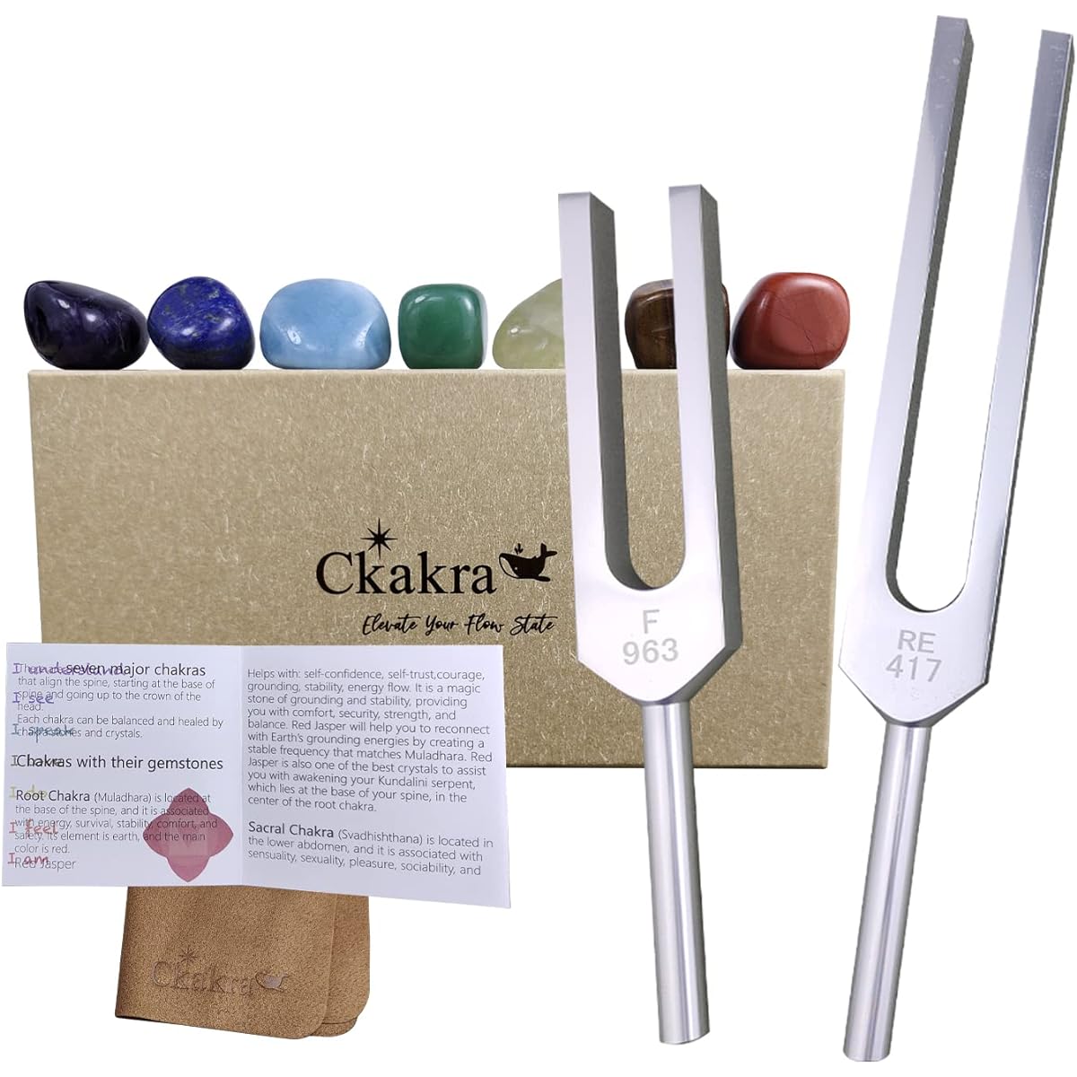 Tuning Fork with Chakra Healing Crystal Kit, 417Hz & 963Hz Solfeggio Frequencies, Meditation & Relaxation, Self-Care Gifts for Women, Recyclable Packaging (Shiny Silver)