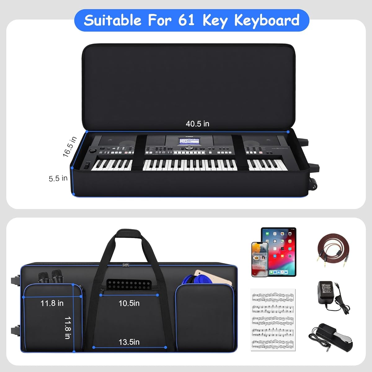 61 Key Keyboard Case with Wheels (Internal Size: 40.9" x 16.5" x 5.5") | 61 Key Keyboard Gig Bag Thick Padded Case | Includes 61 Key Keyboard Rolling Bag, Keyboard Case, Roller Bag, and 3 Pockets. , Black White