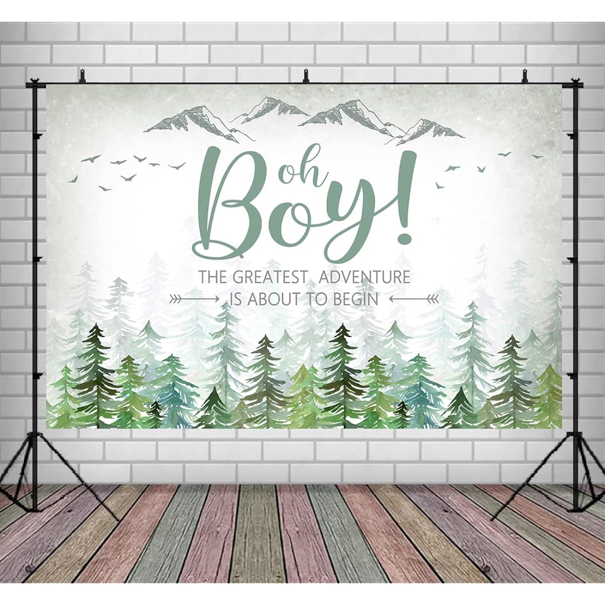 Lofaris 9x6ft Adventure Awaits Baby Shower Backdrop Oh Boy Forest Green Mountain Outdoor Hunting Trees Woodland Animal Background The Greatest Adventure is about Begin Newborn Baby Party Banner