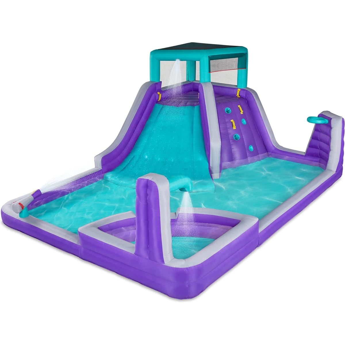 Sunny & Fun 4 Corner Inflatable Water Slide Park - Heavy Duty Outdoor Fun - Climbing Wall, Slide & Deep Pool - Easy to Set Up and Inflate - Includes Air Pump and Carry Case
