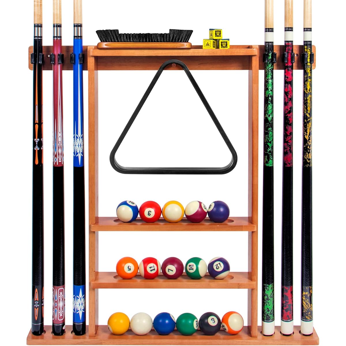 Pool Stick Holder Wall Mount Pool Cue Rack Solid Wood Floor Stand for Billiard Cue Sticks 6 Pool Cue & Ball Full Set Professional Pool Table Accessories for Billiard Room Club