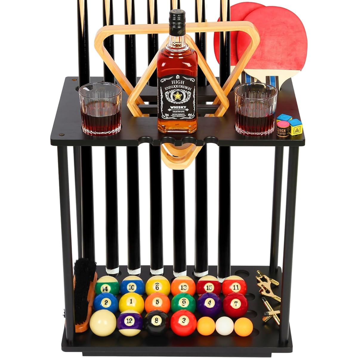 Onemacc Pool Stick Holder Floor Stand 100% Solid Wood Billiard Pool Cue Rack Holds 9 Pool Cue Sticks Pool Cue Holder Store Table Tennis and Billiard Accessories for Game Room Club or Man Cave Black
