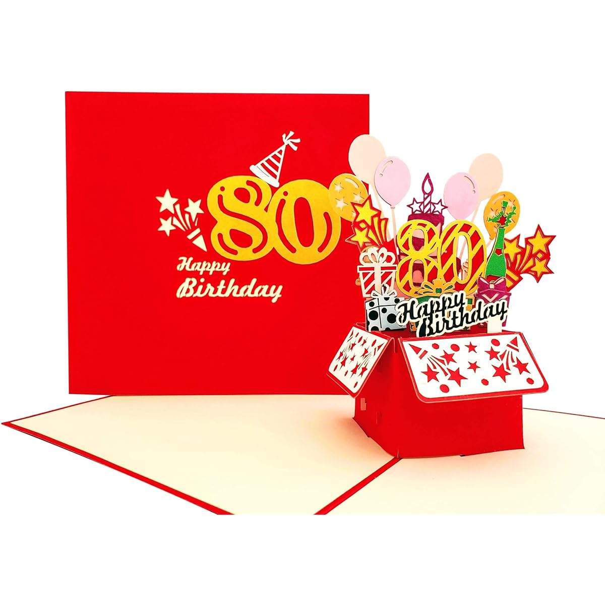 iGifts And Cards Happy 80th Red Birthday Party Box 3D Pop Up Greeting Cards - 8, Awesome, Balloon, Unique, Celebration, Feliz Cumpleaños Fun