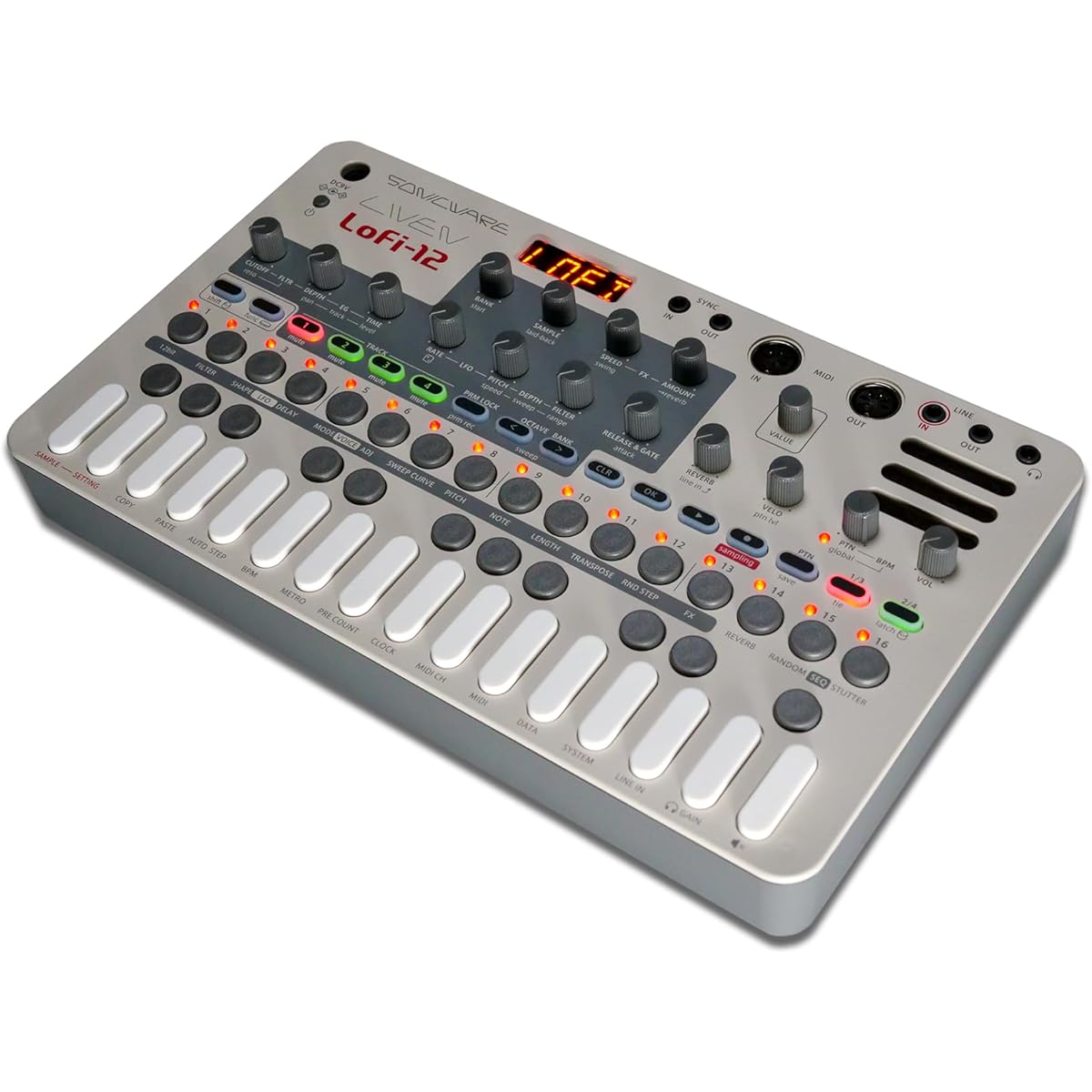SONICWARE LIVEN Lofi-12 [Lo-fi sampling groove box] Retro sampler - 12-bit sampler mode, 4-track step sequencer, 10 voices, 11 track effects + 9 master effects, battery powered, built-in speaker