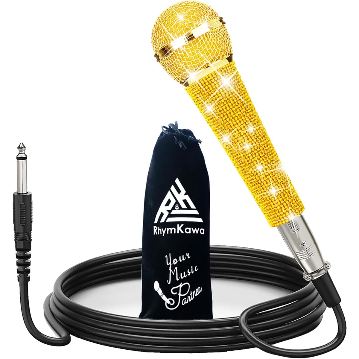 RhymKawa Gold Wired Microphone with Cable Cardioid Dynamic Vocal Mic Rhinestone Handle Metal Body (Gold)
