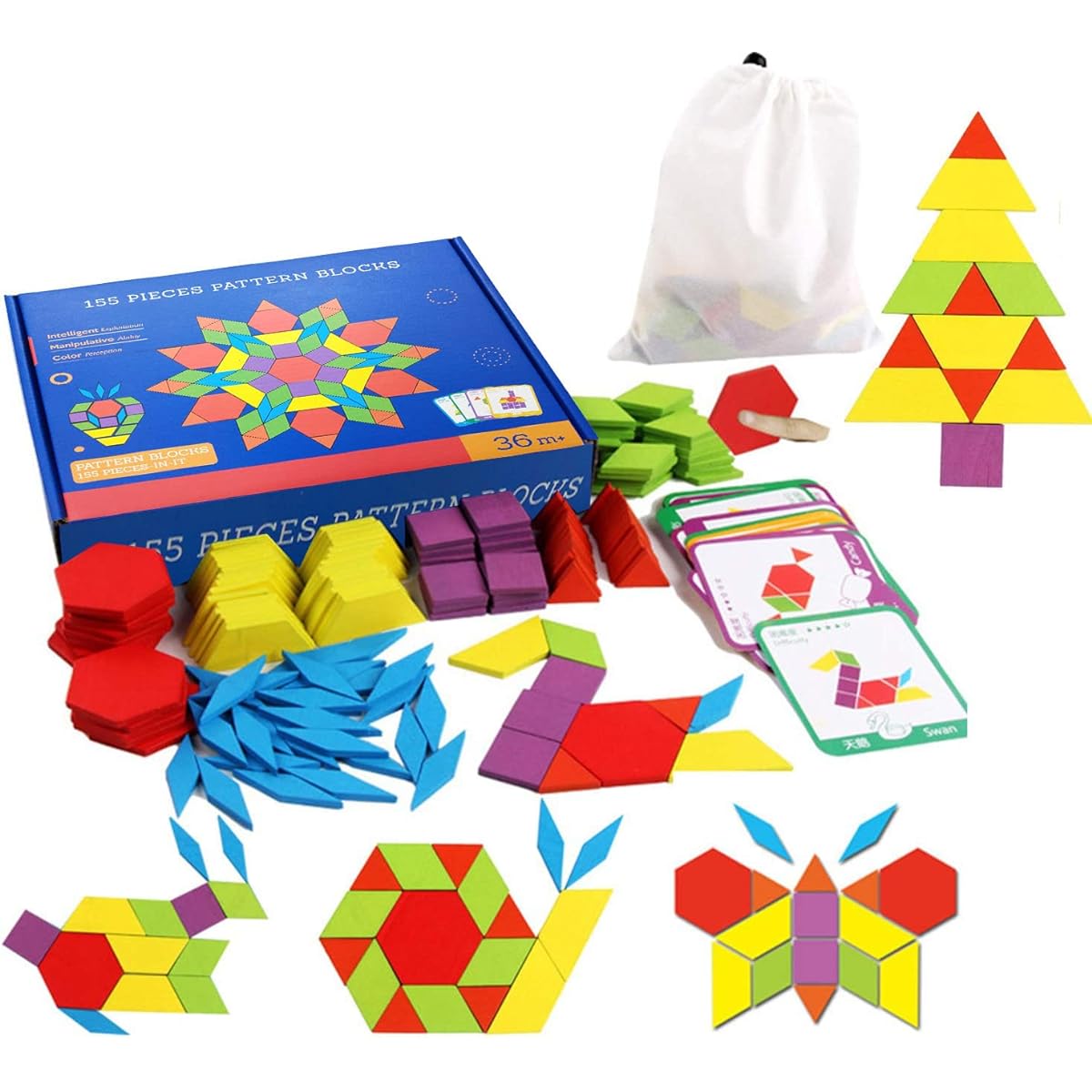 Set of 155 Wooden Pattern Blocks Puzzle (Imported)