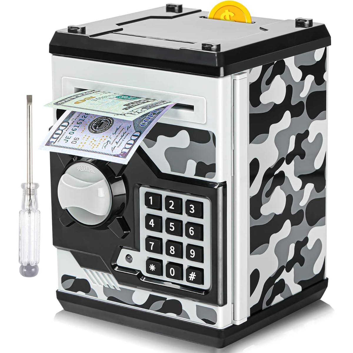 Vcertcpl ATM Money Box for Boys/Girls, Mini ATM Coin Bank Piggy Bank with Password, Kids Safety Manager with Automatic Grab Bar Slot, Kids Gift Toy Bank (Camo Grey)