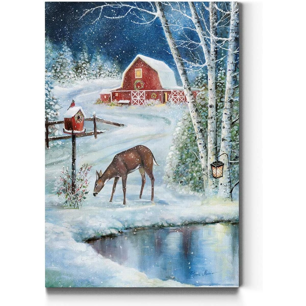 Renditions Gallery Grazing Deer Wall Art Christmas Decor Beautiful Countryside Snow Covered Red Barn Decor Premium Gallery Wrapped Canvas Decor Ready to Hang 12" H x 18" W Made in the USA (WC08-19649-1218)