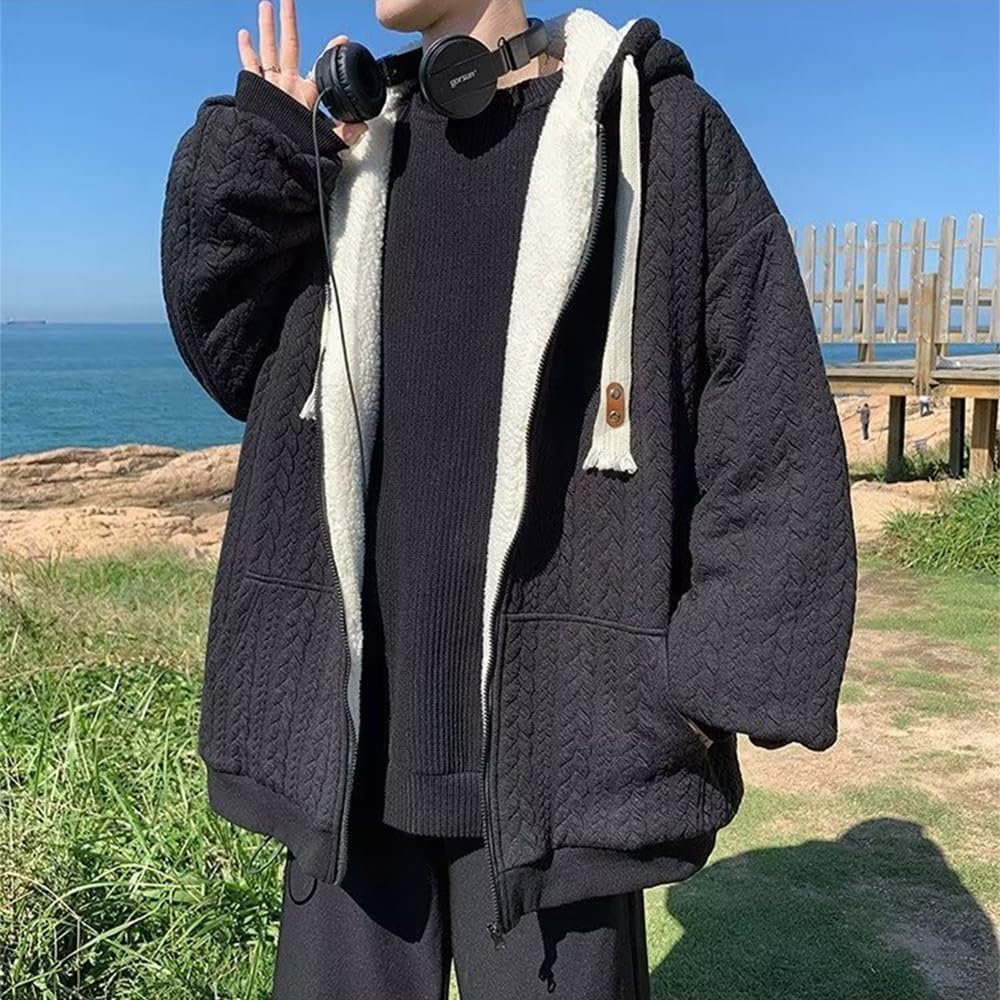 [Anzn] Men's Parka, Brushed Lining, Spring, Autumn, Winter Parka, Long Sleeve, Hooded, Cool, Zip-up Coat, Cardigan, Men's, Stylish, Casual, Coat, Jersey