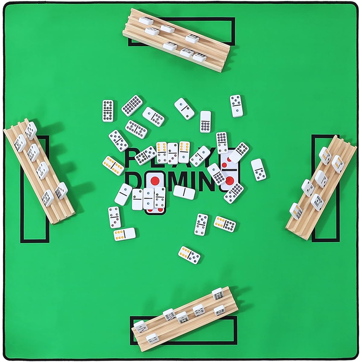 KROFEM Domino Table Top with Anti-Slip and Spill-Proof Mat, 34x34, Double 9-Color Domino Set for Adults, with Wooden Rack