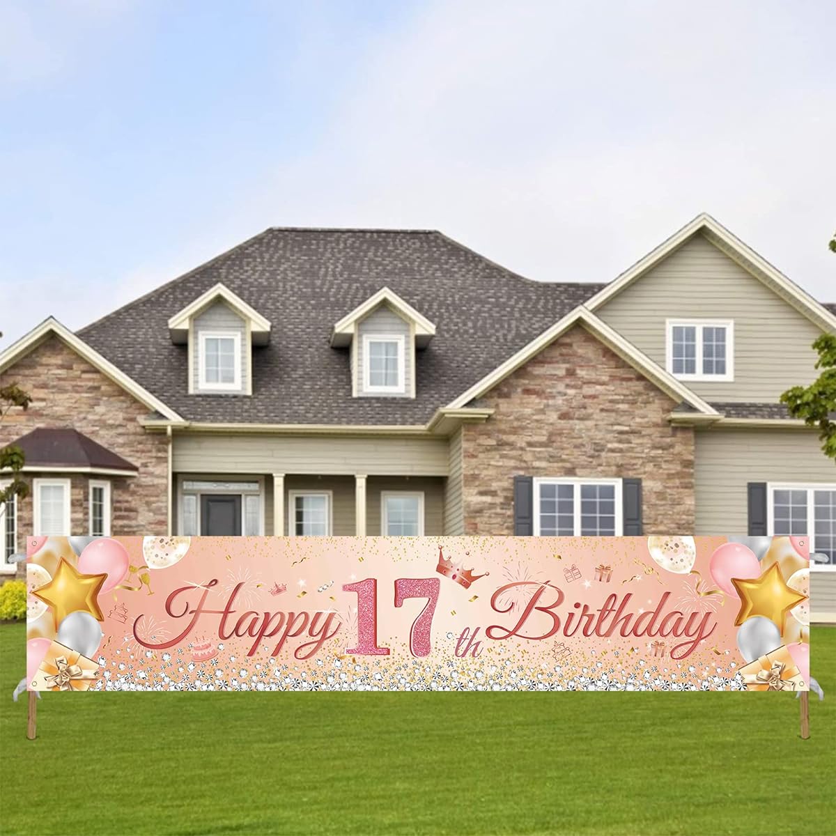 Happy 17th Birthday Banner,Sweet Rose Gold 17th Birthday Backdrop Banner,17th Birthday Sign Banner,Photo Booth Background Decorations for 17th Girl Birthday Party Outdoor Indoor