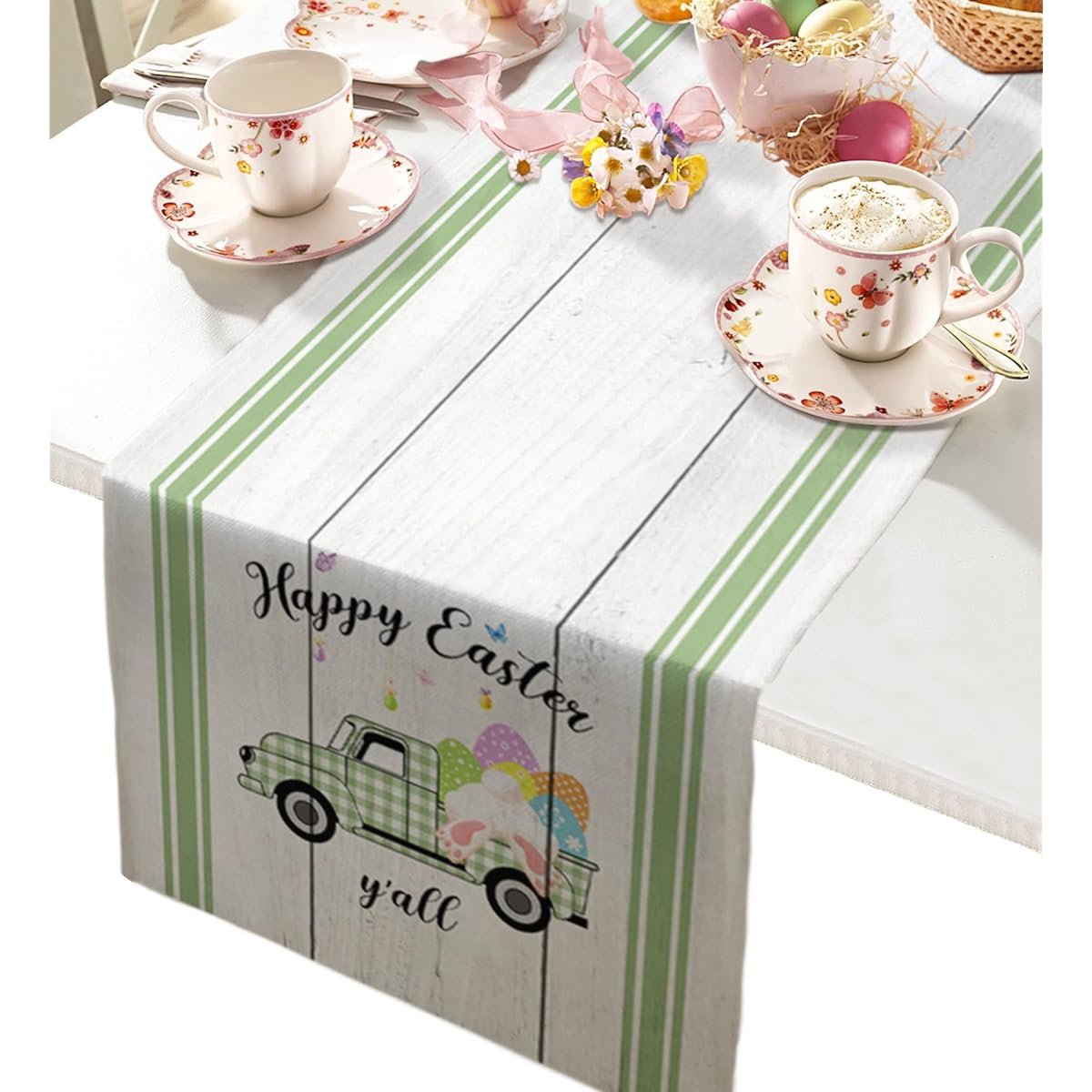 Linen Cotton Table Runner Dresser Scarf Rustic Farm Truck Bunny Tail with Easter Eggs Wood Board Tablecloth Farmhouse Kitchen Dining Wedding Picnic Party 13 x 70 Inch Retro Green Stripes