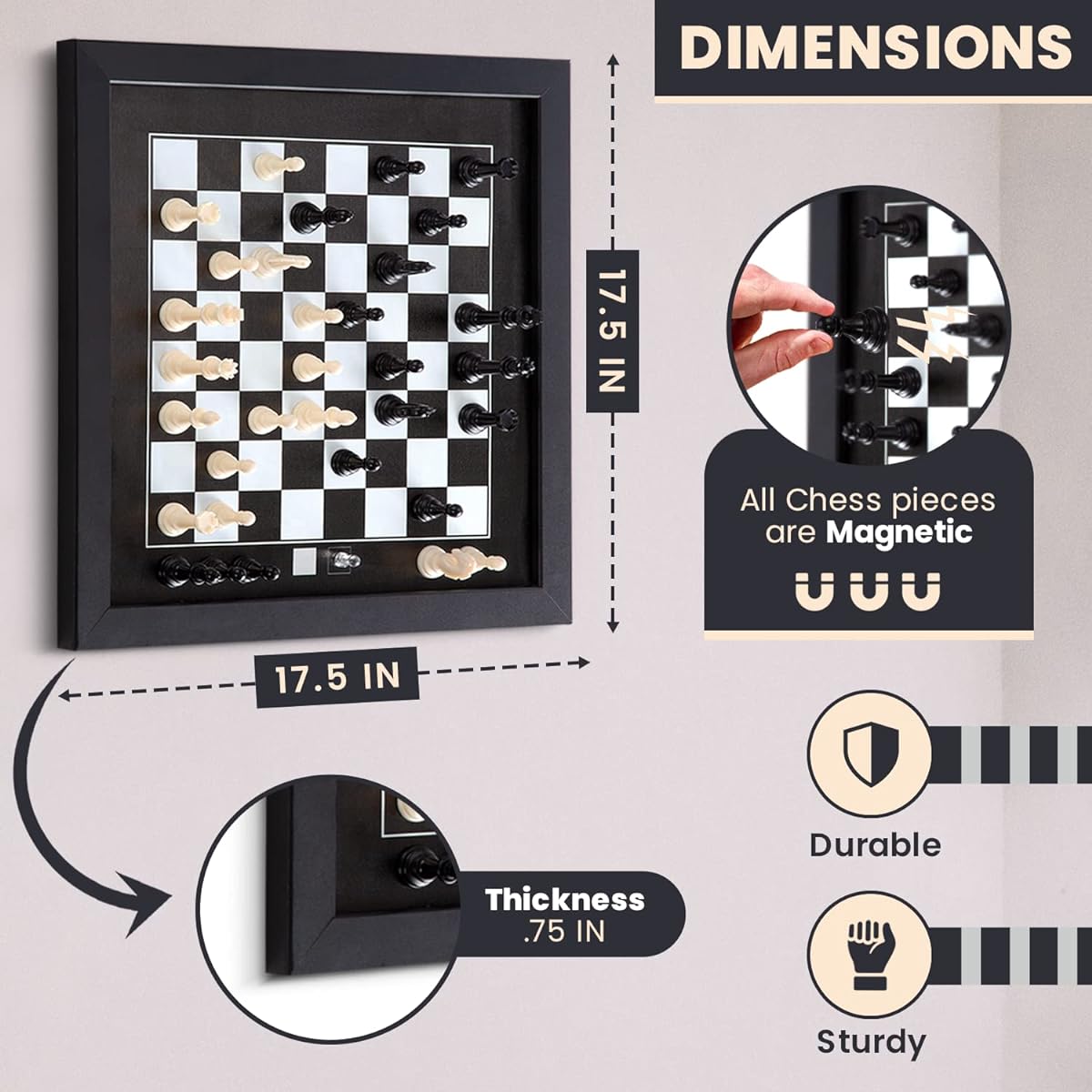Bundaloo Hanging Magnetic Chess Set - Wooden Magnetic Board for Wall or Ceiling Mounting with Black & White Game Pieces - Chess Board Play, Art & Decoration for Home and Office - Black Wooden Frame, Strong Magnets