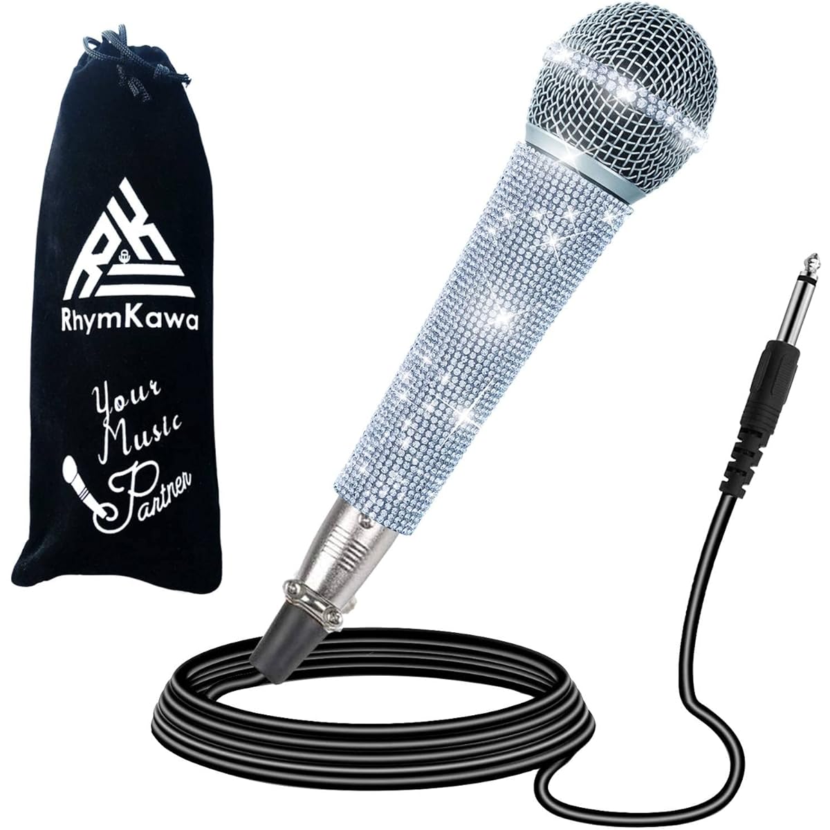 RhymKawa RS58 Silver Bling Cardioid Dynamic Vocal Wired Microphone for Singing Karaoke Metal Handheld with Bling Crystal Handle Sleeve Cover
