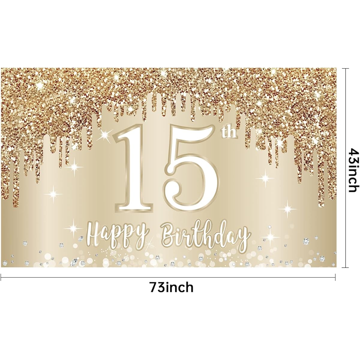 Happy 15th Birthday Banner Backdrop Decorations for Girls Gold White Sweet 15th Birthday Sign Party Supplies 15th Birthday Photo Booth Background Poster Decor(72.8 x 43.3 Inch)