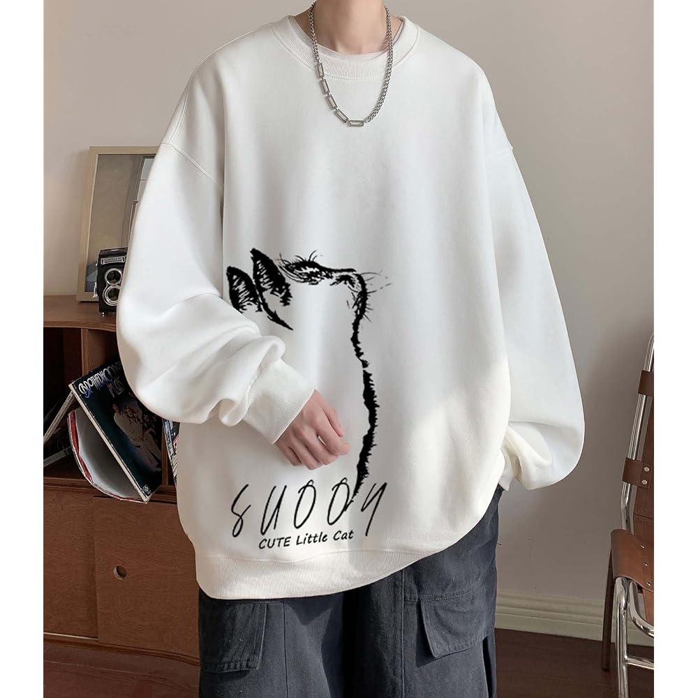 [FJLTDCP] Sweatshirt Hoodie Men's Long Sleeve Pullover Print Cat Crew Neck Stylish Sweatshirt Round Neck Large Size Switching Loose Big Silhouette Fashion Spring Autumn Winter Clothes
